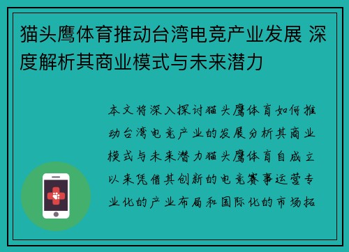 猫头鹰体育推动台湾电竞产业发展 深度解析其商业模式与未来潜力